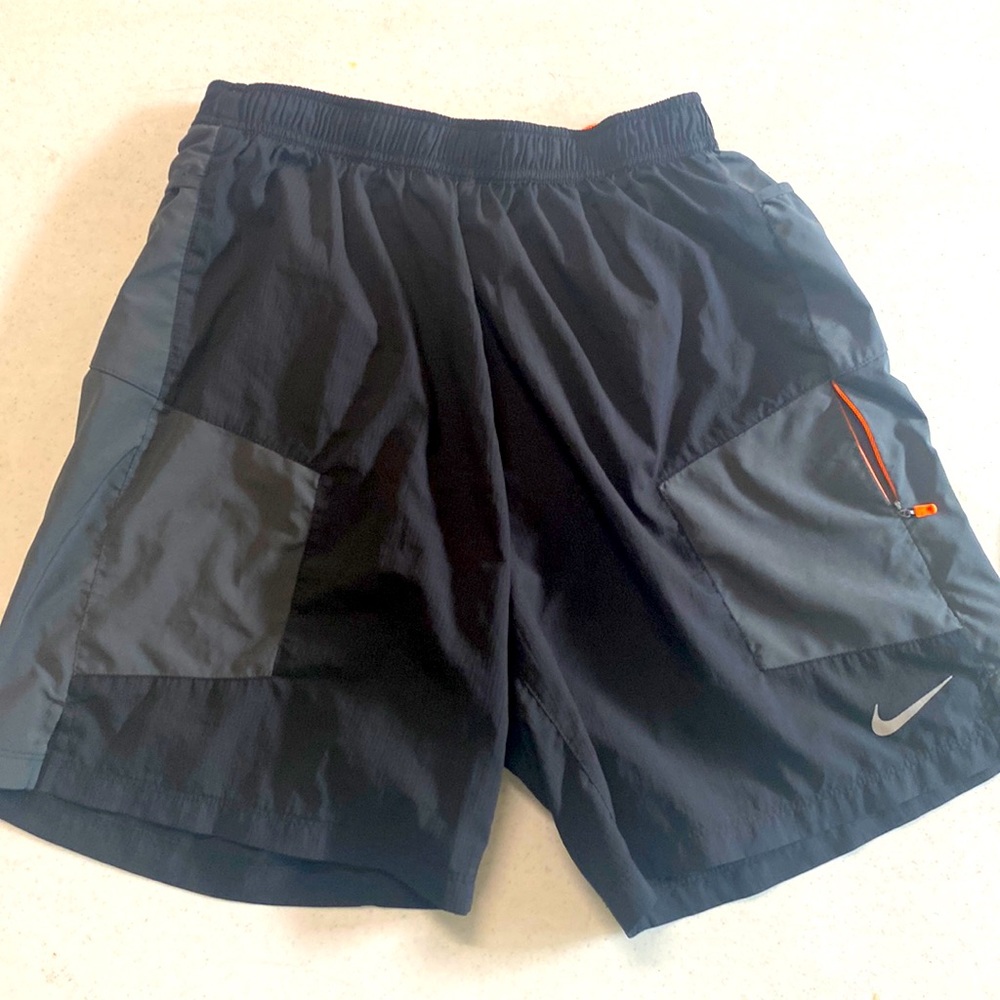 Nike Dri-Fit running/workout shorts, black gray with orange accents